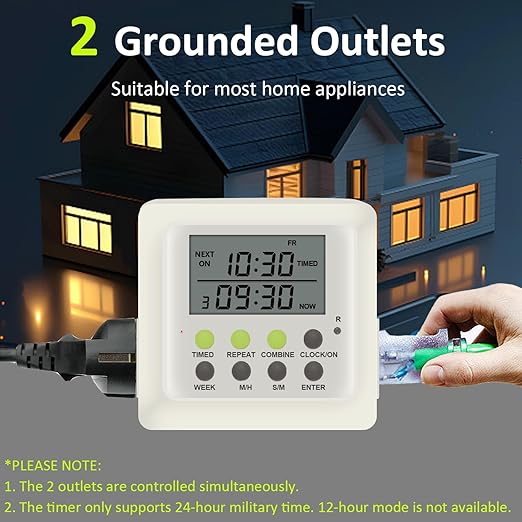 3-in-1 Dual Outlet Timer Plug with Interval Cycle for Indoor, 7 Day 24 Hour Programmable Digital Repeat Timer Switch(15A, 1875W)