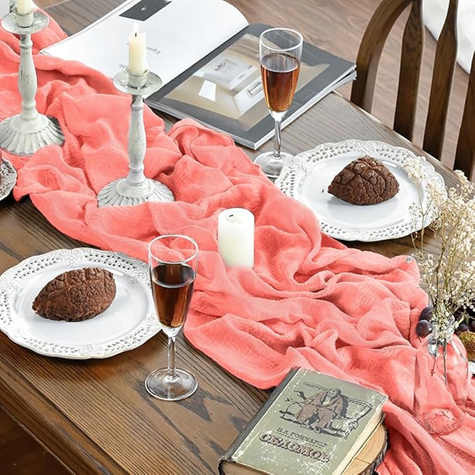 Artoid Mode Boho Cheesecloth Gauze Coral Wedding Table Runner, 120 Inch Seasonal Fabric Kitchen Dining Holiday Table Decor for Home Party Indoor
