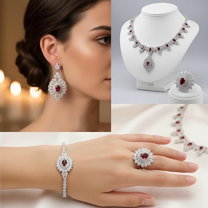 Rhinestone Wedding Bridal Jewelry Set Women's Prom-Style Necklace, Earrings, Bracelet, Ring Bridesmaid Gift Pairs with Evening Gown