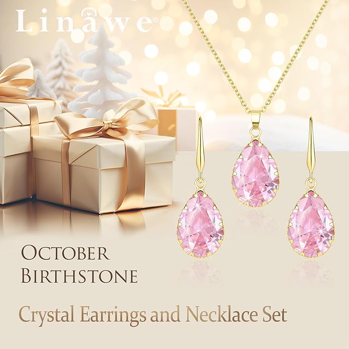 Linawe Crystal Jewelry Sets for Women, Imitation Diamond Pendant Necklace, Rhinestone Drop Dangle Earrings, Birthstone Cubic Zirconia Matching Wedding Jewelry, 14K Gold/Rose Gold/Silver Tones