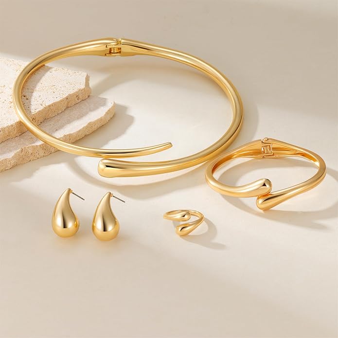 4 Pcs Statement Jewelry Set for Women – 18K Gold Plated Teardrop Necklace, Gold Drop Earrings, Bold Rings & Cuff Bracelets, Elegant Jewelry Gifts for Women