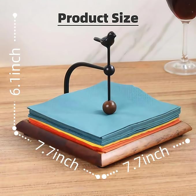 Bird Napkin Holder for Table, Premium Solid Wooden Flat Napkin Dispenser, Vintage Square Cocktail Paper Hand Towel Stand, Suitable for Restaurant Farmhouse Hotel Kitchen Bathroom Bar Room Decor