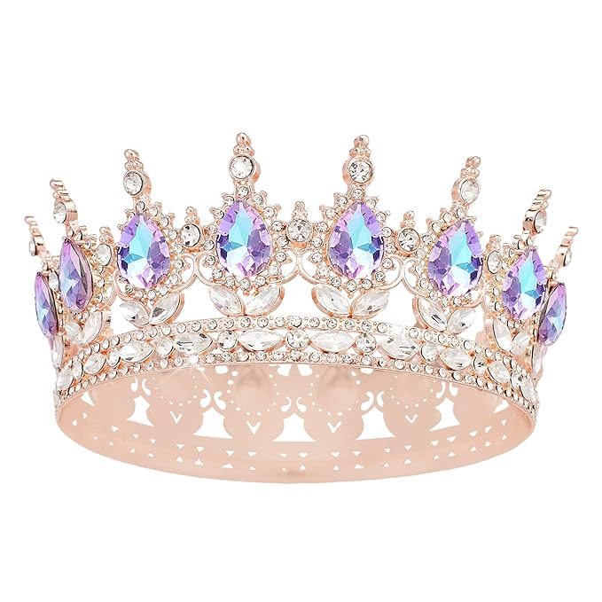 Queen Crown Rhinestone Wedding Crowns and Tiaras for Women Costume Party Hair Accessories Princess Birthday Crown Crystal Bridal Crown (Rose Gold Crown-Violet)