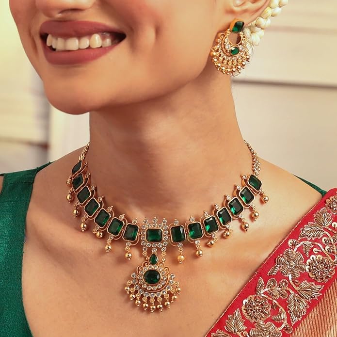 TARINIKA Green and White Cubic Zirconia(CZ) Indian Necklace Set with Earrings, Gold Plated Brass Fashion Indian Jewelry Gift for Women Bollywood Costume Jewellery