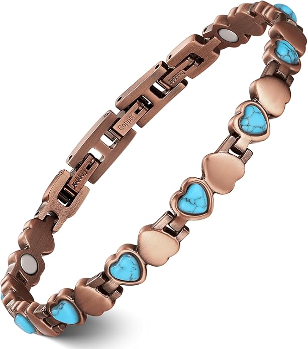 Feraco Pure Copper Bracelets for Women, Ultra Strength Magnetic Bracelet with 3800 Gauss Magnets & Natural Turquoise & Stones, Adjustable, Jewelry Gift