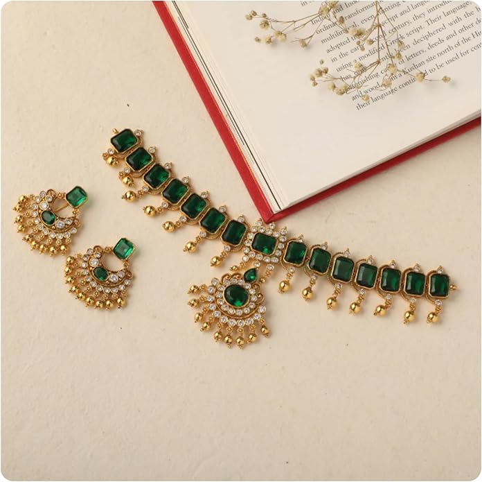 TARINIKA Green and White Cubic Zirconia(CZ) Indian Necklace Set with Earrings, Gold Plated Brass Fashion Indian Jewelry Gift for Women Bollywood Costume Jewellery