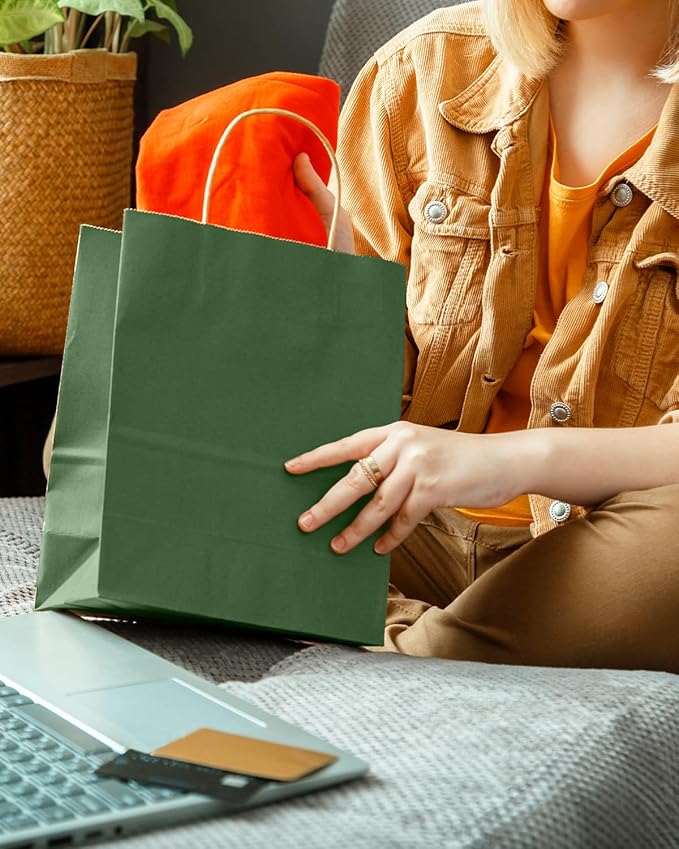 qiqee Dark Olive Green Gift Bag with Handles Bulk 24Pcs Paper Bags -10.6"x8.3"x4.3"Party Favor Bags - Solid Color