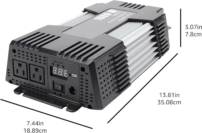 Amazon Basics 1000W Car Power Inverter - 12V to AC 110V, 13.81 x 7.44 x 3.07 inches
