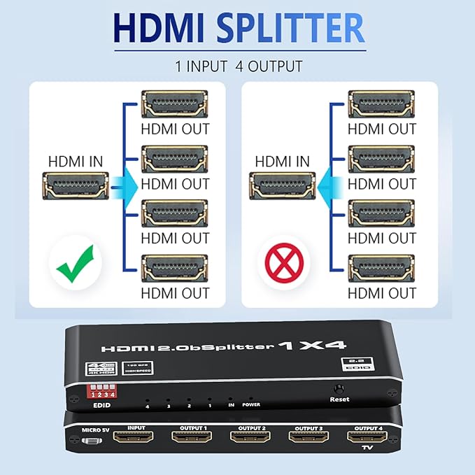 HDMI 2.0 Splitter 1 in 4 Out, LUKFOCAB 1x4 HDMI Splitter 4K@60Hz 8:8:8 HDR, HDMI 2.0, HDCP 2.2, 18Gbps, Auto EDID, Supports UHD 3D D-o-l-b-y 4 Ports Mirror Mode and Multichannel Audio Streams