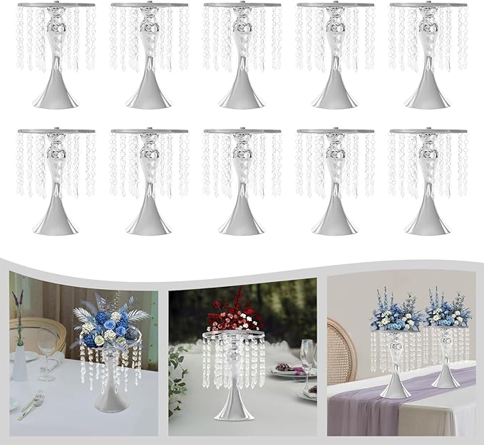 Wedding Centerpieces Sliver Vases,10PCS Metal Flower Candle Holder with Sparkling Crystal Beads,Crystal Flower Vase Metal Flowers Stand for Party Tables Decorations