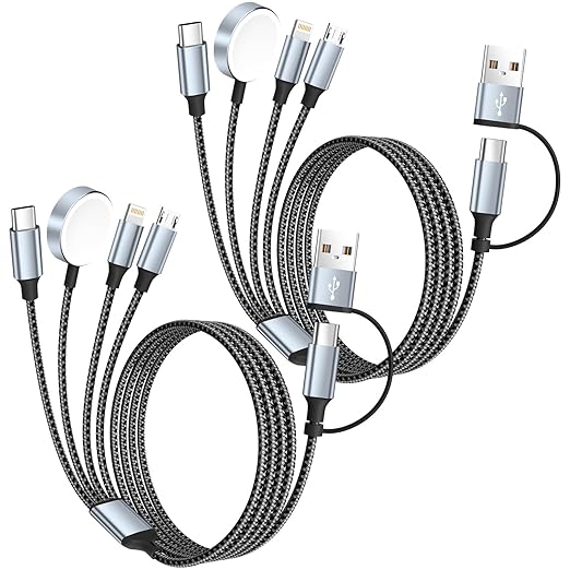 Travel Essentials 4 in 2 Multi Charging Cable for iWatch Charger(2Pack 5FT),USB A/USB C Multiple Charger Cable/Cord for All Devices Compatible for iWatch Ultra/SE/10-1,iPhone 16-11, Android,More