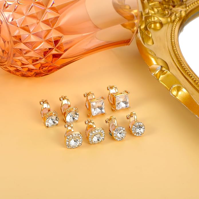4 Pairs Cubic Zirconia Clip Earrings for Women Dance Competition - Non Pierced Diamond Clip On Earrings studs for Men