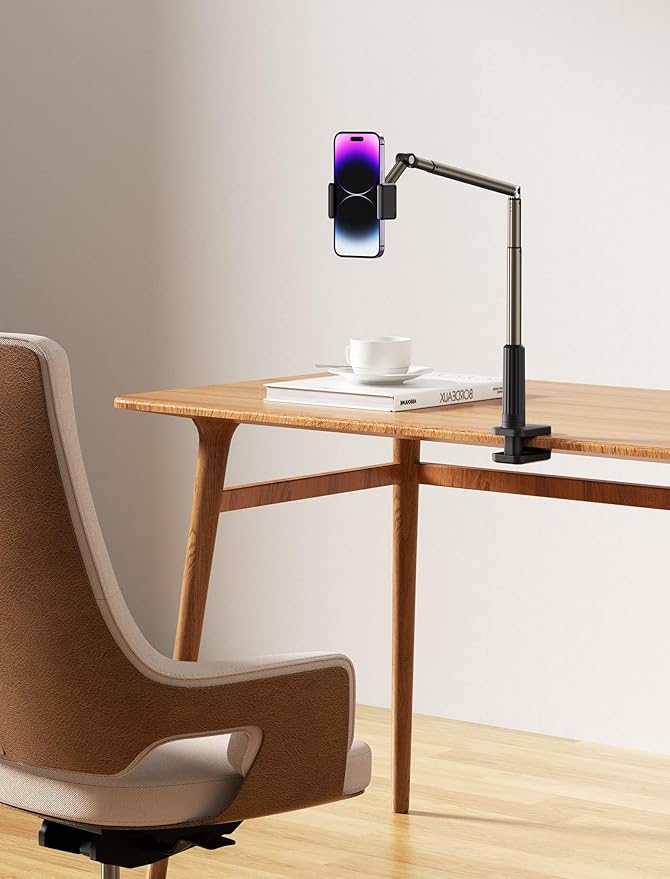 JSAUX Phone Holder for Desk and Bed Compatible with iPhone 16 15 14 13 12 Overhead Phone Mount Gooseneck Phone Stand Flexible 360 Lazy Long Arm Clamp Clip for Table Bedside [1-Pack, Black]