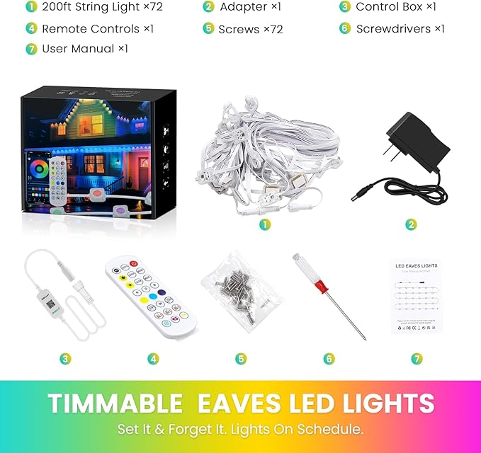 Permanent Outdoor Lights for House, 200 FT Color Changing String Lights with RGBIC & Bluetooth Remote, DIY via App for Music Sync, IP67 Waterproof Expandable LED Lights for Eaves, Patio, Lanai, Fence