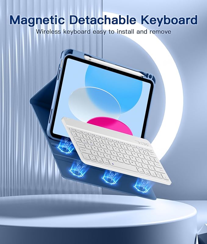 for iPad 10th Generation Case with Keyboard 10.9 Inch- Magnetic Wireless Keyboard Case with Pencil Holder Stain Proof Folio Cover for iPad (A16) 11th Gen 11 Inch 2025/10th Gen 2022 - Blue