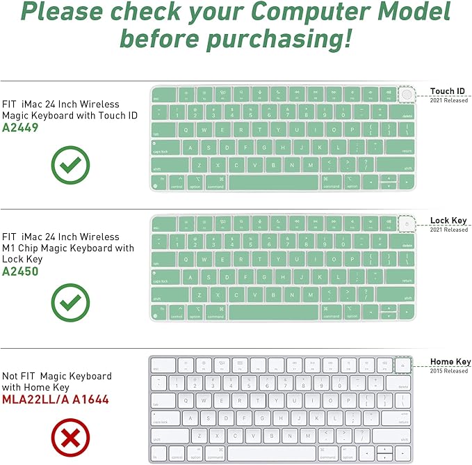 Allinside Silicone Keyboard Cover for iMac Magic Keyboard A2449/A2450, Protective Skin for iMac 24" Wireless Keyboard Released in 2021, US Layout, Light Green
