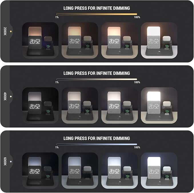 Wireless Charging Station, 3 in 1 Charging Station, Alarm Clock with Wireless Charger, Night Light, iPhone 12/13/14/15/16 Pro/13 Mini/13 Pro Max/12 pro, AirPods