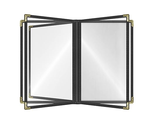 Goodsmart Restaurant Menu Covers – 25 Pack Black 10-View 8.5" x 11" Cafe Menu Holders, Side-Loading Vinyl Covers with Clear Sleeves, Plastic & Leather-Style Menu Covers with Gold Corners
