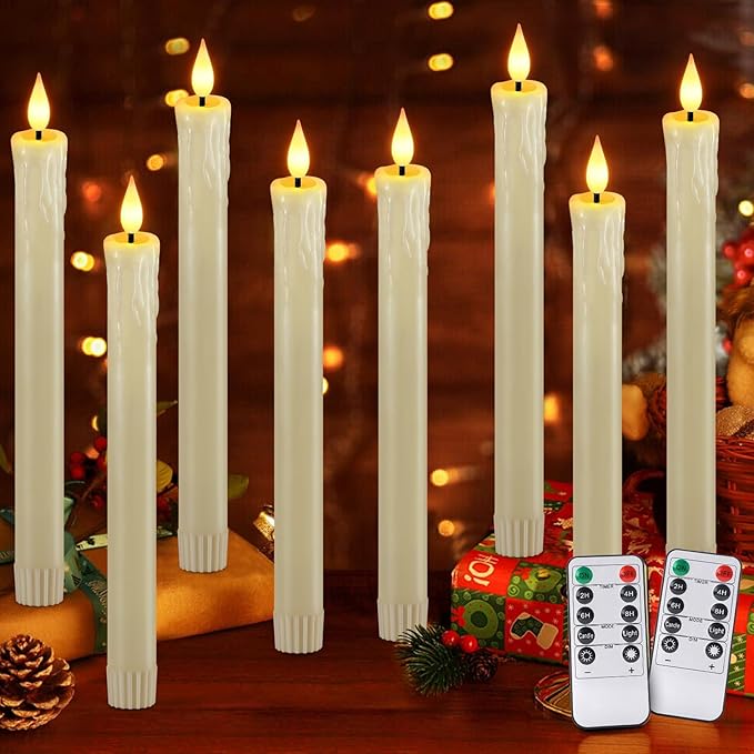 OCATO Flameless Candles with Remote Timer: 8 Pcs Battery Operated Window Candles 9.6" Real Wax LED Flickering Flameless Taper Candles 3D Wick Lights Halloween Christmas Wedding Party Decorations Ivory
