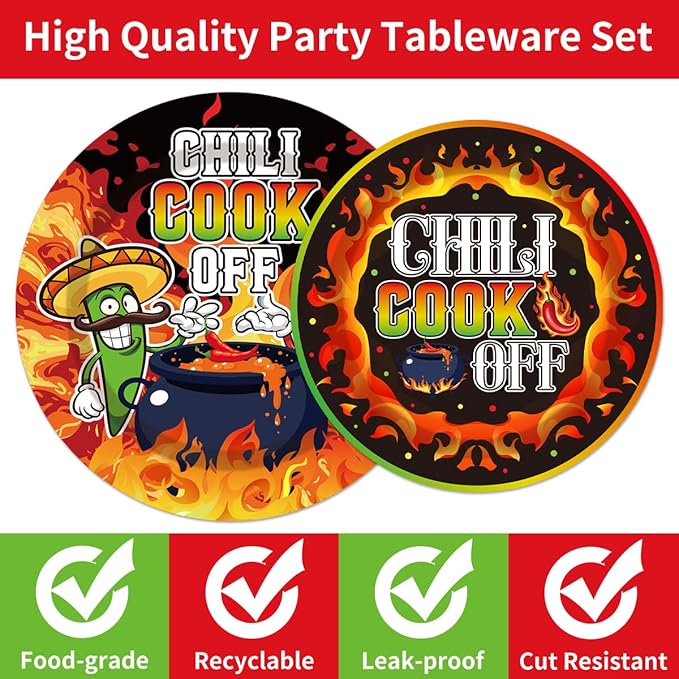 96Pcs Chili Cook Off Decorations Disposable Tableware Set - Chill Cook Off Paper Plates Napkins Forks Chili Contest Tasting Competition Party Supplies Serve 24 Guests