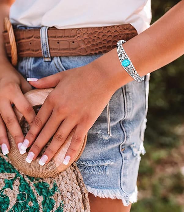 Genuine Turquoise Cuff Bracelet for Women, Sterling Silver Western Vintage Floral Bangle Native American Jewelry, For 6.5-7.5 Inch Wrists