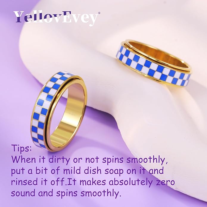 Checkered Fidget Ring For Women - Blue Chessboard Design Band Rings Anxiety & Stress Relief Stacking Spinner Rings, Stainless Steel Spinning Ring Anti-Anxiety Jewelry Gift for Adults