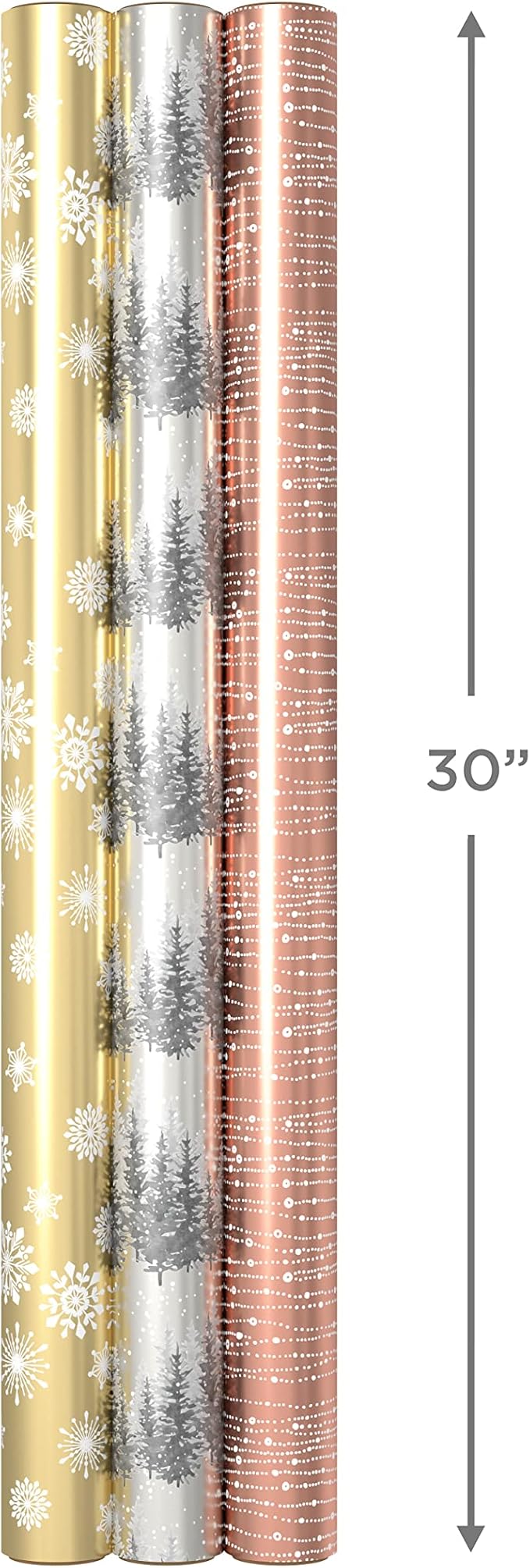 Hallmark Foil Wrapping Paper with Cut Lines on Reverse (3 Rolls: 60 Sq. Ft. Ttl) Rose Gold, Silver Trees, Gold Snowflakes for Winter Weddings, Graduations, Valentine's Day
