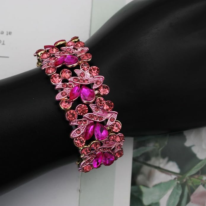 Wedding Leaf Flower Crystal Teardrop Pendant Necklace Dangle Earrings Stretch Bracelet Jewelry Set for Women Bridal Party Prom