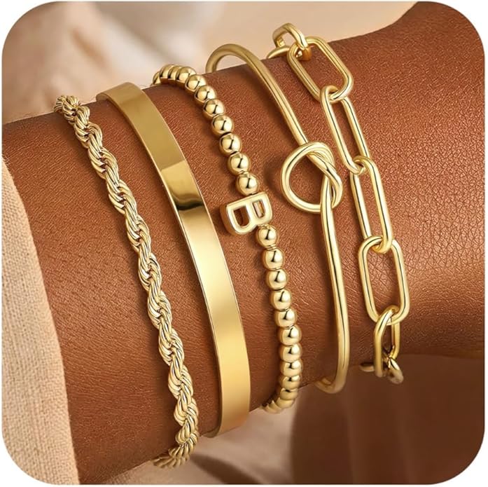 Turandoss Valentines Gifts for Her Girls, Dainty 5PCS 14K Gold Plated Initial A-Z Beaded Stretch Bracelet Chunky Gold Cuff Knot Twisted Rope Paperclip Bracelet Set Stack Jewelry Gifts for Women Girls