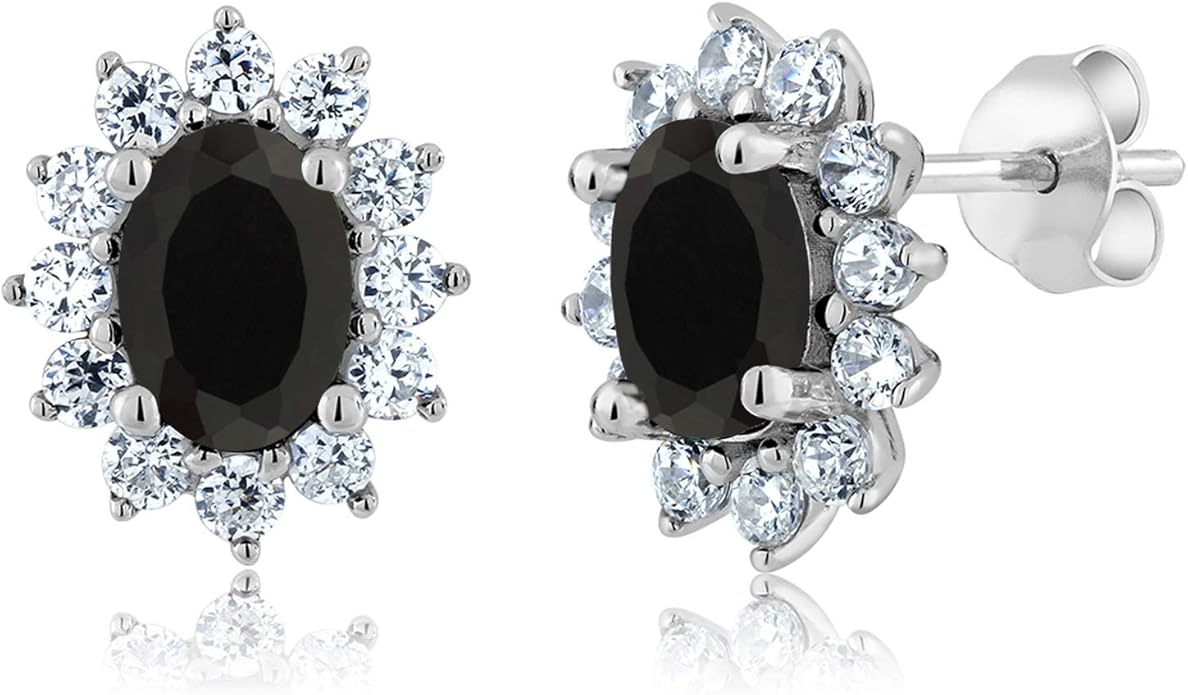 Gem Stone King 7X5MM Oval Gemstone Birthstone Stud Earrings For Women | Princess Diana Royal Halo Style | 925 Sterling Silver | Fine Jewelry Gifts for Anniversary Wedding Her Mom Women Wife