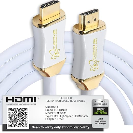 White HDR HDMI 2.1 Certified Cable Supports 10K 8K @60Hz and 4K @120Hz Compatible with Dolby Vision and All TVs, BluRay, Xbox Series X, PS5 (15 Feet)