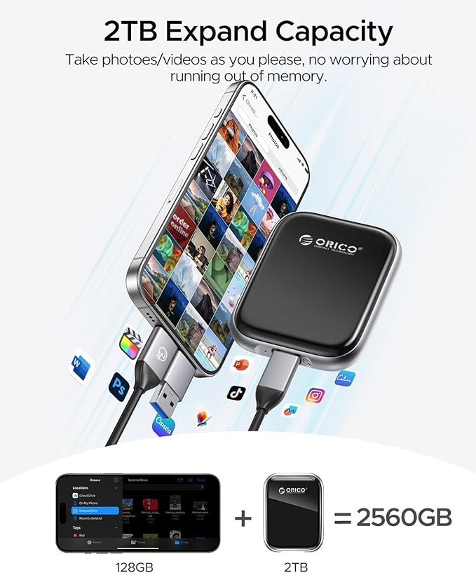ORICO 2TB Portable SSD Up to 2000MB/s External Solid State Drive, USB 3.2 Gen 2x2 20Gbps with 2 in 1 USB C Cable, Compatibility with MacBook, iPad, iPhone 15, PSSD - A20