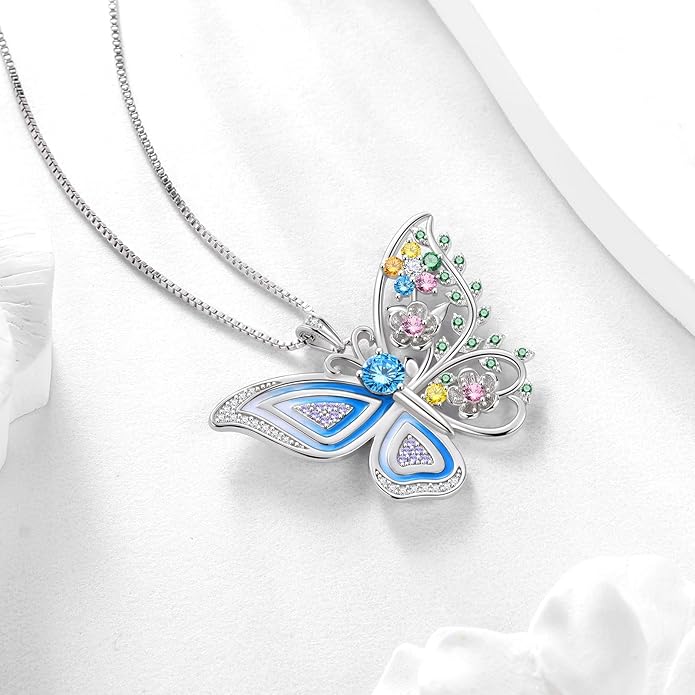 Aurora Tears 925 Sterling Silver Butterfly Flower Pendant Necklace - Colorful Enamel Zircon Adjustable Chain Jewelry Gift for Women Her