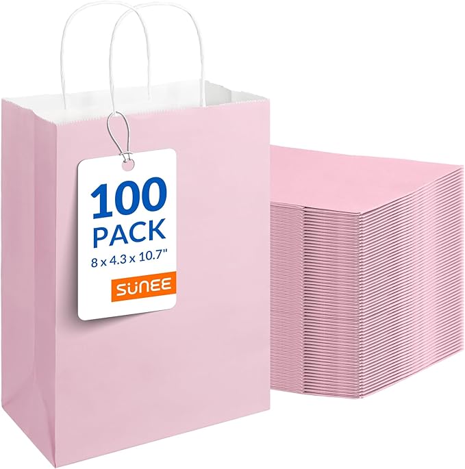 SUNEE Gift Bags with Handles 8x4.3x10.7, 100 Pcs Paper Bags Medium Size Bulk for Gift Wrapping, Retail, Party Favors and Small Business - Pink