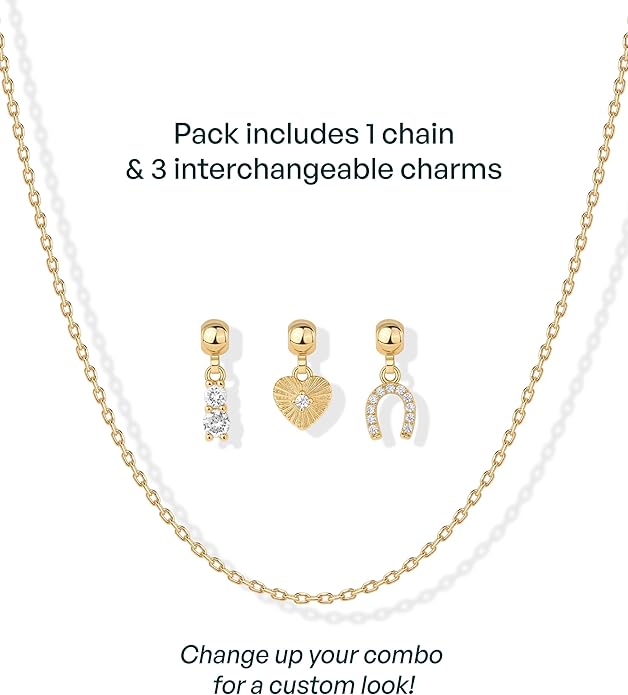 PAVOI 14K Gold Plated Dainty Necklace with Charms Set - Hypoallergenic Adjustable Chain Gold Charm Necklace for Women - Small Motif & Mantra 2 and 3-Pack Removable Pendants - Cute Jewelry Gifts