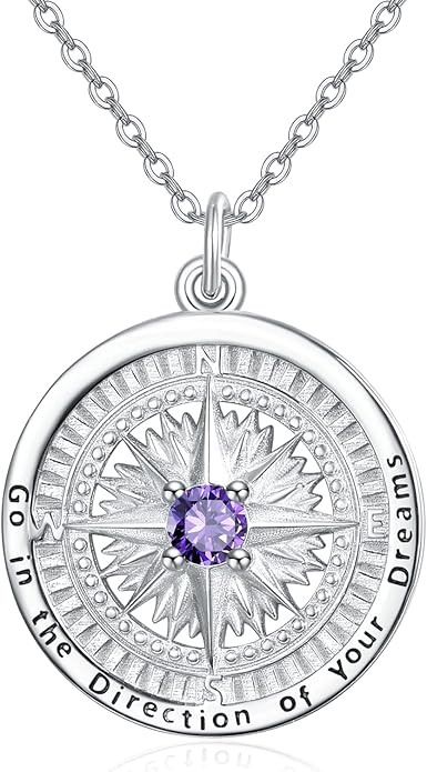 KINGWHYTE Graduation Gifts Birthstone Necklace for Women 925 Sterling Silver Compass Pendant Go in the Direction of your Dream Travel Jewelry Birthday Gift for Her