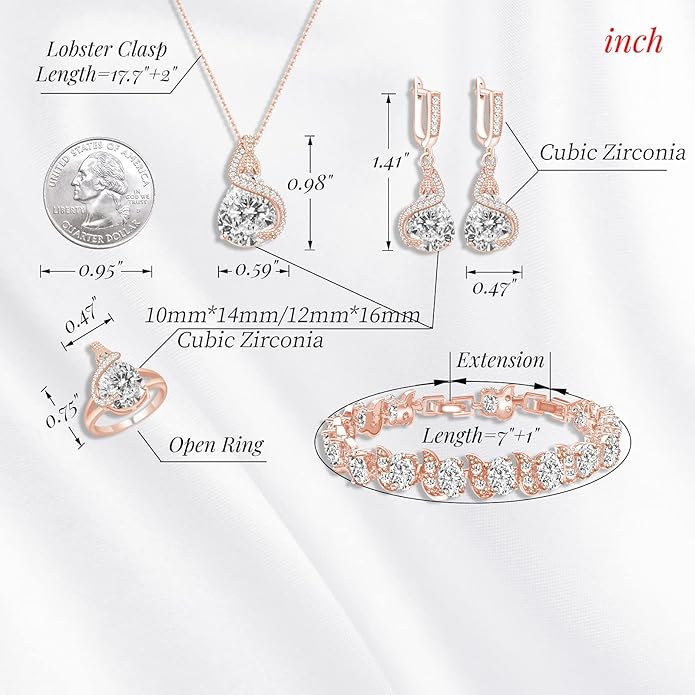 GZWHD Jewelry Set for Women Water Drop Cubic Zirconia Artificial Crystal Earrings Pendant Necklace Open Ring Tennis Bracelet Wedding Anniversary Birthday Engagement Gift for Bridesmaid Wife Girlfriend Friend