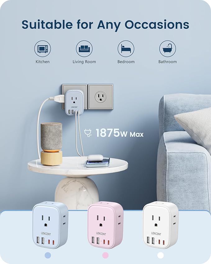 LENCENT Multi Plug Outlet Extender with USB C, 4 AC Electrical Outlet Expander with 4 USB Charger Cube, Small Multiple Wall Tap Plug Splitter for Home Office Travel Cruise Dorm Essentials- Blue