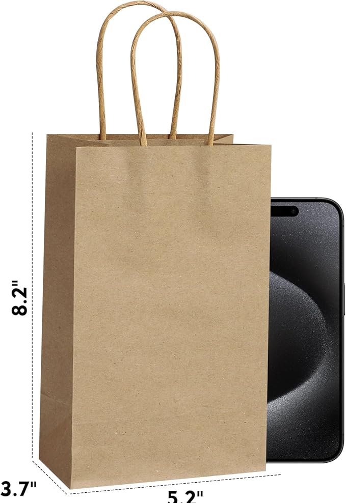 REMTAP Gift Paper Bags 5.9×3.2×8.2 100pcs Kraft Bags with Handles Bulk Gift Bag for Wedding Party Craft Retail Packaging, Shopping, Party Favor, Retail Bag (Brown-S-100pcs, 5.9×3.2×8.2)