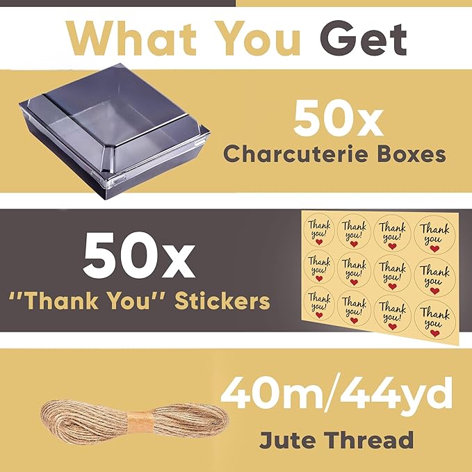 50 Pack Small Charcuterie Boxes with Clear Lids - To Go Paper Mini Charcuterie Box, Disposable Food Containers, 5Inch Dessert Boxes - Sandwich, Cookie, Sushi, Cake Slice, Strawberries (Black)