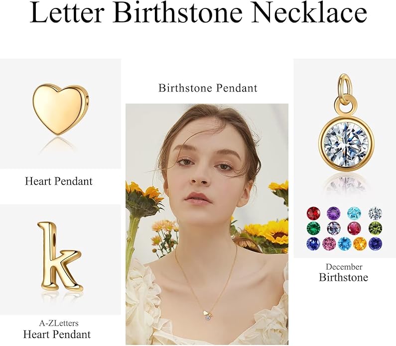 Ursilver Initial Birthstone Necklace for Women - Heart Initial Birthstone Pendant Necklace Personalized Gifts Birthday Gifts for Women