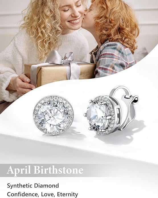 Silvora 925 Silver 8MM Cubic Zirconia Birthstone Clip On Stud Earrings Round Non Pierced Earrings For Women,Come with Box