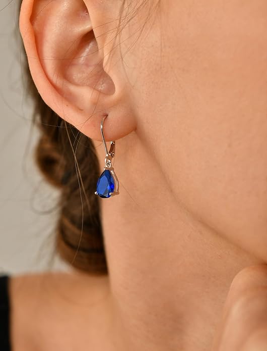 YL 925 Sterling Silver Teardrop Dangle Drop Earrings for Women 7x10 MM Solitaire Birthstone Leverback Jewelry