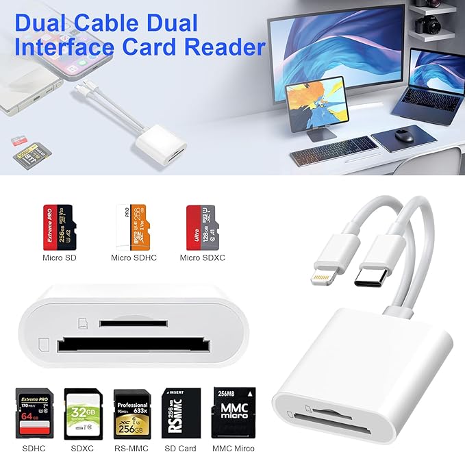 SD Card Reader for iPhone iPad, USB C & Lightning Dual Interface Memory Card Reader, Digital Camera Adapter to iPhone/MacBook/USBC Laptop for SD/TF/Sim Card, Plug & Play, Camera Accessories