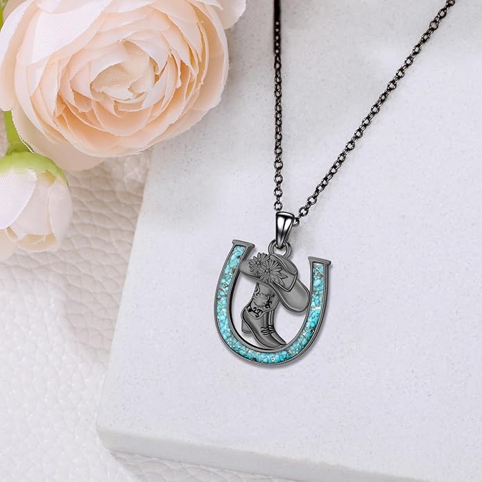 Western Cowboy Necklace 925 Sterling Silver Horseshoe Pendant Western Jewelry Cowgirl Gifts for Women Girlfriend Cowboy Cowgirl