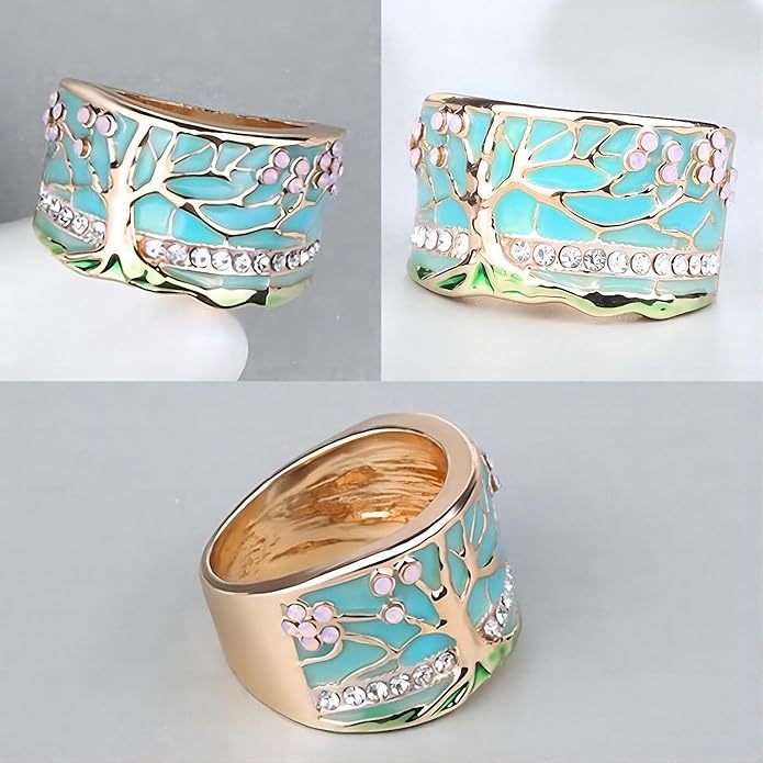Women Tree of Life Lucky Flower Wide Band Ring Gold Pink Opal Green Enamel Resin Plated Dainty Tree Rhinestone Statement Thumb Index Full Finger Chunky Ring Party Crystal Vintage Jewelry