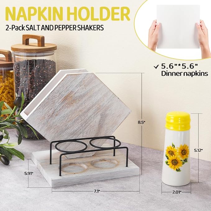 Rustic Farmhouse Napkin Holder Set - Natural Wood Kitchen Organizer with Sunflower 2 Salt & Pepper Shakers for Countryside Dining & Minimalist Home Decor (Gift Ready)