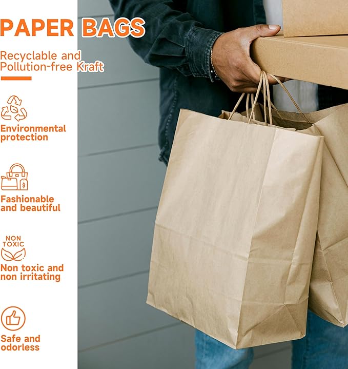 METAPRINT 100pcs Large Brown Paper Bags with Handles in Bulk, 10x5x13 Kraft Gift Bags, Recyclable Shopping Bags for Retail, Birthday, Parties & Weddings