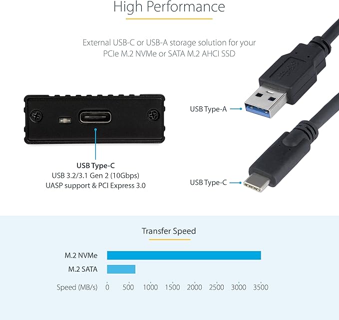 StarTech.com USB-C 10Gbps to M.2 NVMe or M.2 SATA SSD Enclosure, Portable External PCIe/SATA NGFF SSD Aluminum Case, USB Type-C / Type-A Host Cables, Supports 2230/2242/2260/2280 - TAA