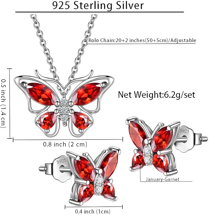 925 Sterling Silver Birthstone Butterfly Jewelry Women Crystal Animal Cute Butterflies Birthday Necklace/Earring/Ring/Bracelet Sets Birth Stone Statement Anniversary Jewellery